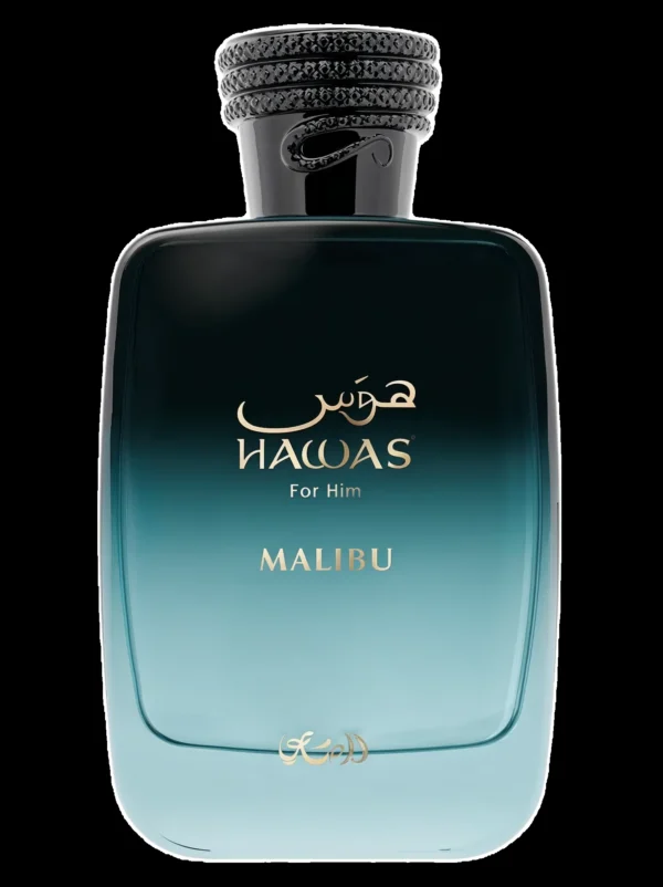 Perfume Hawas Malibu For Him de Rasasi en frasco degradado azul, fragancia fresca y veraniega para hombre